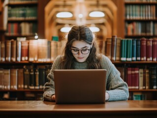 Student engaged in research university library digital learning cozy environment close-up view academic focus