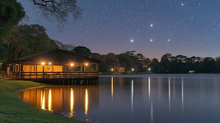 Fototapeta premium Starry night over tranquil lake with illuminated lakeside pavilion.