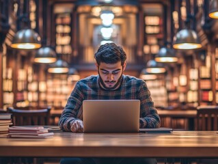 Obraz premium Studying in a library academic environment digital learning quiet space young man focused on laptop