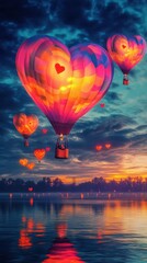 Fototapeta premium Dreamy hot air balloons A neon-lit evening sky adorned with glowing hot air balloons. HD phone wallpaper