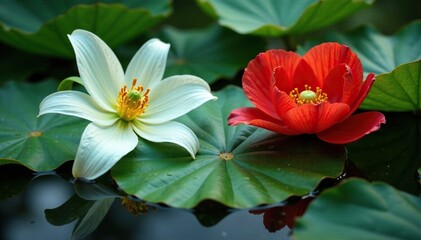 Wet leafy surface with white lily and red poppy flowers, leaves, nature