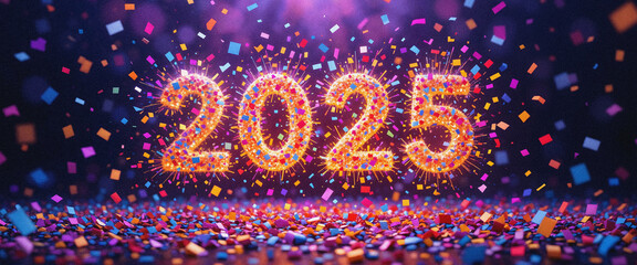 Energetic 2025 celebration scene with vibrant confetti burst, glowing numbers, festive atmosphere, and subtle grain noise effect for joyful New Year events