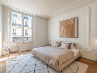 Fototapeta premium Stylish Modern Bedroom Design Featuring Natural Light and Elegant Decor in a Parisian Apartment