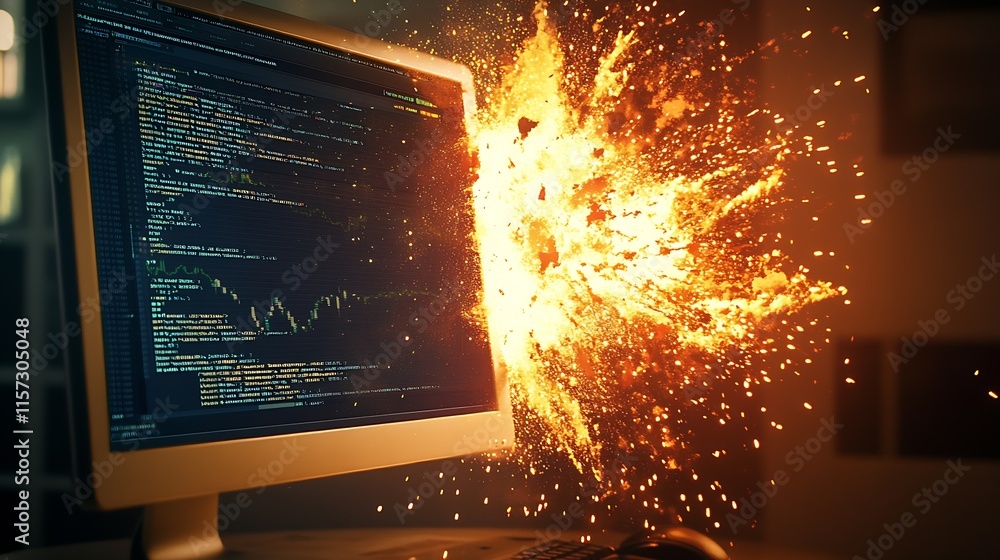 Aufkleber Explosive computer malfunction with flaring code visualizing a dramatic tech failure : Generative AI