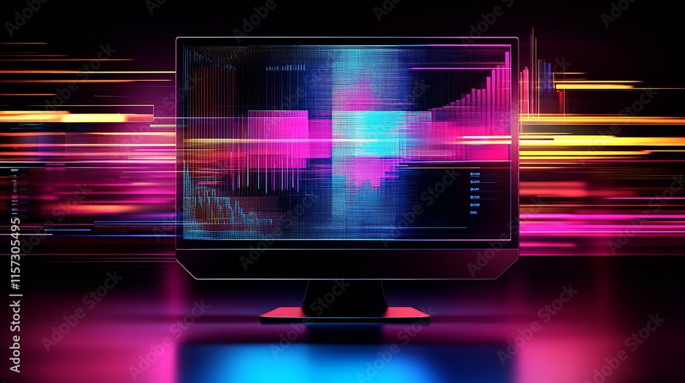 Aufkleber Vibrant Digital Screen Displaying Dynamic Abstract Data Patterns in Motion : Generative AI