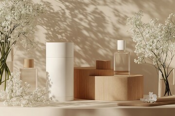 Sophisticated Skincare and Beauty Products with Botanical Accents in Serene Setting : Generative AI