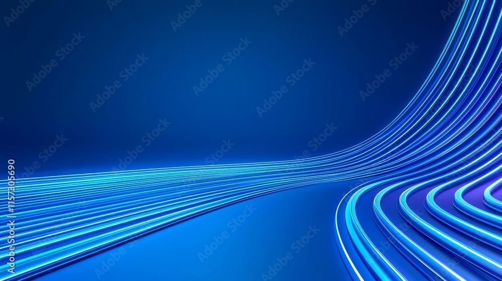 Poster a rapidly moving, luminous neon particle forms a blue light curve, representing a digital, futuristi