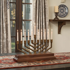 Elegant brass menorah with lit white candles, set on a wooden base, placed on a patterned runner with warm indoor lighting and a cozy background.