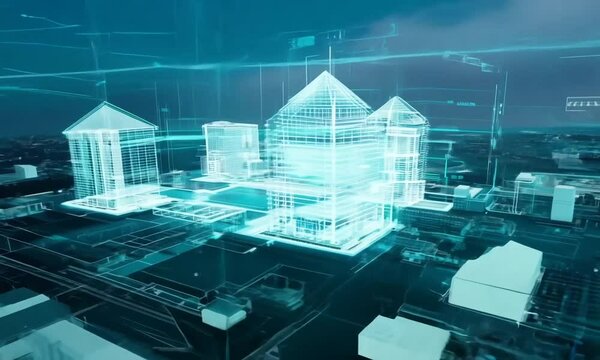 Futuristic blueprint of a digital city with glowing architectural structures and neon effects