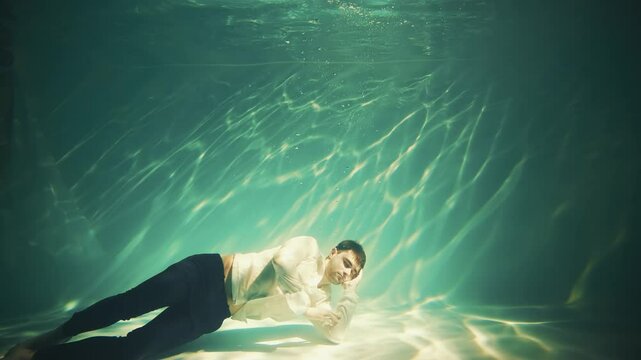 lazy man lies at the bottom of the pool, drowning in problems, doing nothing underwater. Guy falls sinks fails failure in business. Tired office worker under water. concept lack of motivation goals 