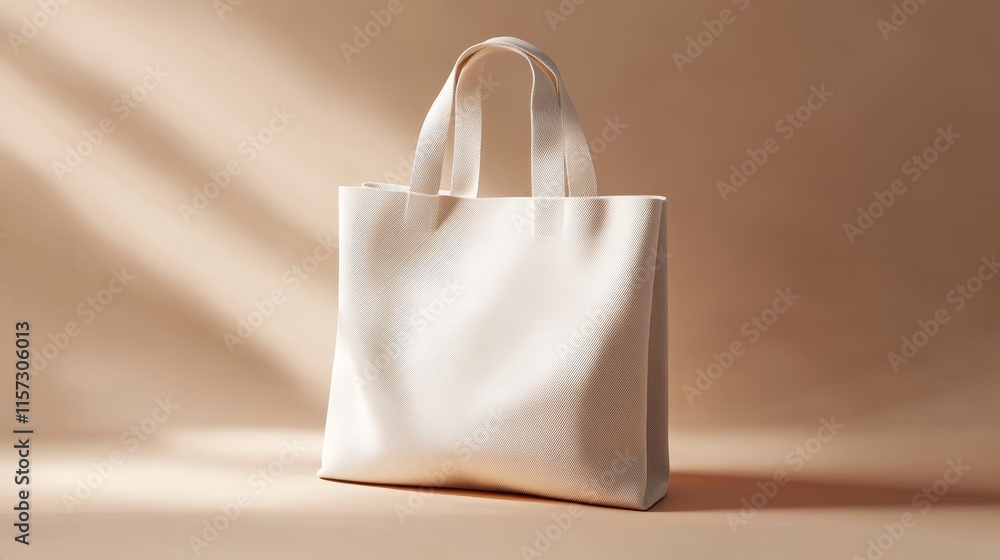 Poster elegant beige tote bag displayed against a soft, warm backdrop with subtle light contrasts emphasizi
