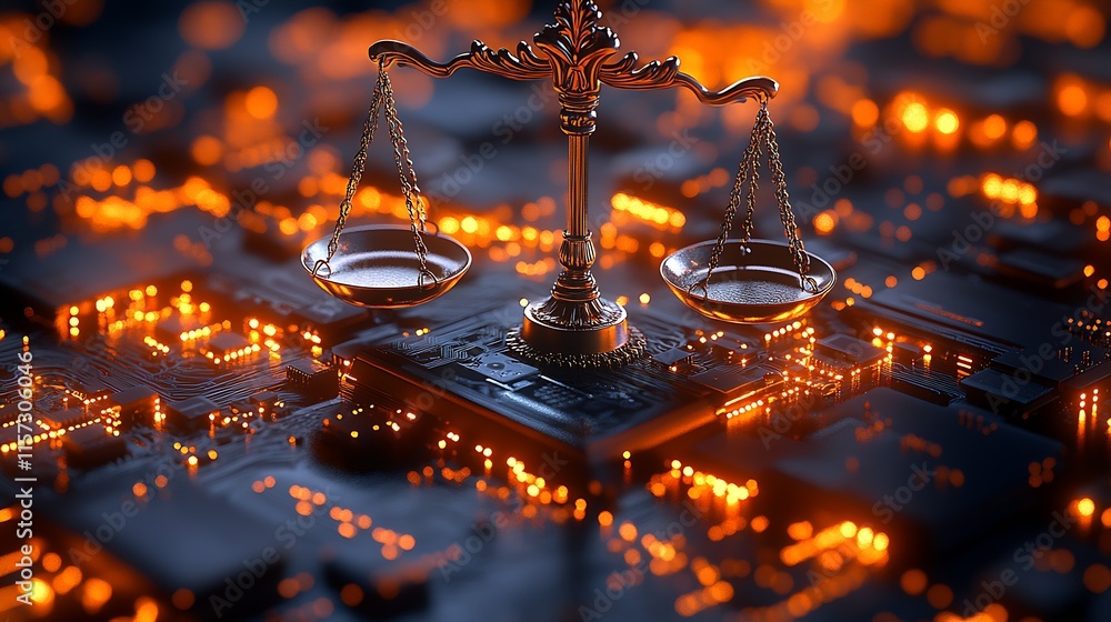 Poster Conceptual Image Blending Justice and Technology with Scales on Circuitry : Generative AI