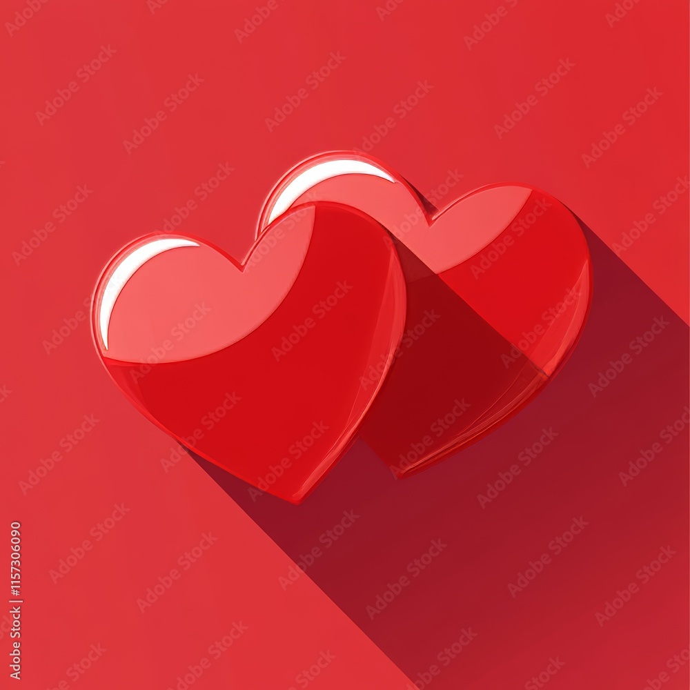 Poster two interlocking red hearts on a vibrant red background representing love and affection in a warm an