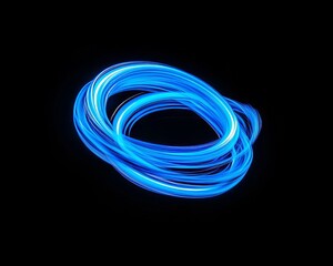 A vibrant neon light painting featuring an abstract luminous swirl with a moving tail, set against a black background.