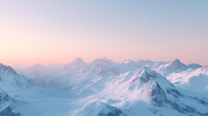 Snow-covered mountains under a clear winter sky, with the soft light of dawn illuminating the peaks