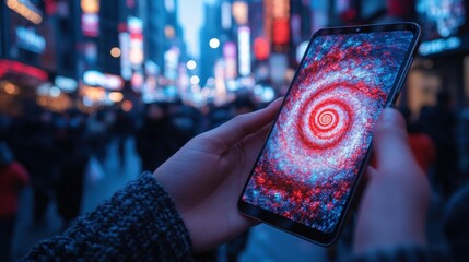 Person using smartphone with hypnotic spiral design in a busy urban street at dusk