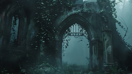 Naklejka premium A hauntingly beautiful gothic archway covered in creeping ivy and surrounded by fog.