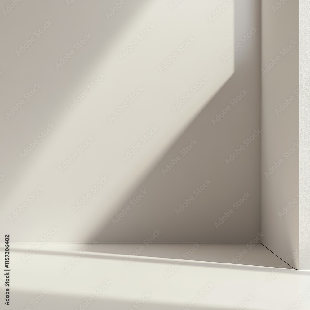 Poster light and shadow interplay on a corner of a cream-colored wall in a sunlit room during the afternoon