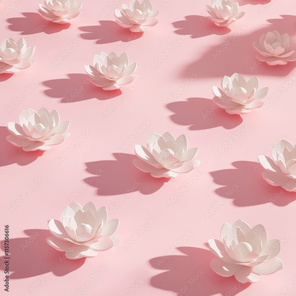 Poster Delicate Paper Flowers Arranged on a Pink Background Creating Soft Shadows for a Serene and Artistic Display