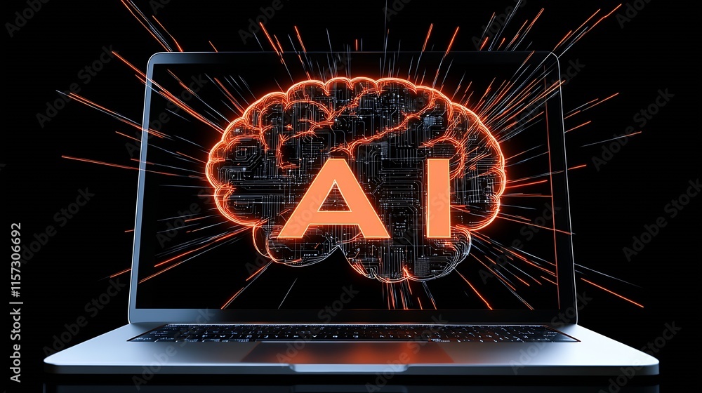 Poster futuristic ai brain on laptop concept art with neon effects : generative ai