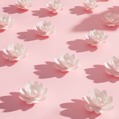 Delicate Paper Flowers Arranged on a Pink Background Creating Soft Shadows for a Serene and Artistic Display