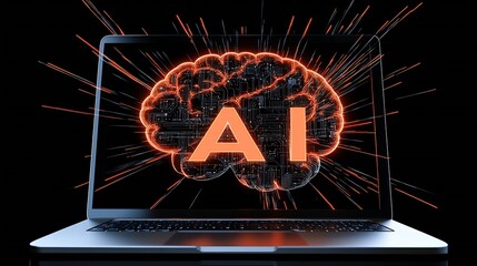 Futuristic AI Brain on Laptop Concept Art with Neon Effects : Generative AI