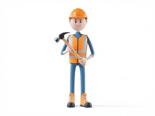 3D Cartoon Character of a Construction Worker in Safety Gear Holding a Hammer on a White Background