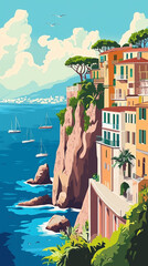 Illustration, Cityscape of Sorrento in Campania, Italy. Touristic advertisement poster. Promotional touristic poster. Beautiful city in Italy. Must-see tourist travel destination.