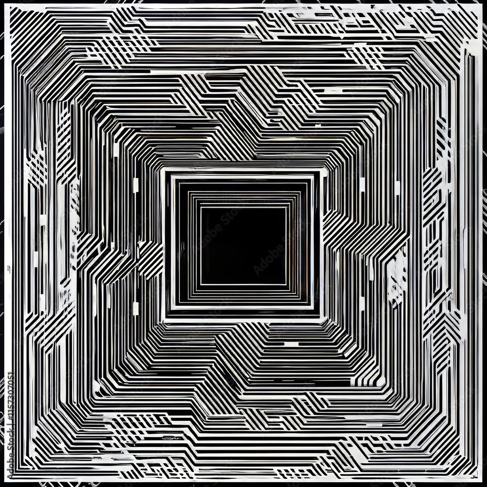 Poster a complex black and white geometric pattern with intricate lines and shapes creating an optical illu