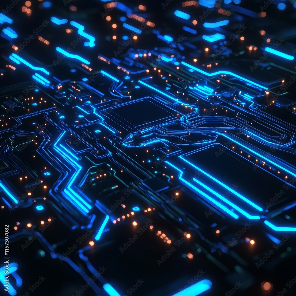 Aufkleber digital circuit board close-up showcasing intricate blue light patterns and glowing connections, hig