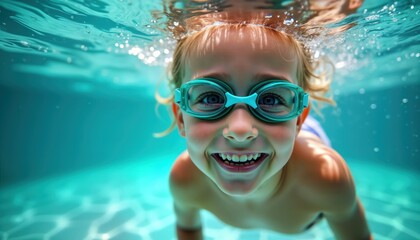 Fototapeta premium Happy child wearing goggles dives underwater in swimming pool. Child smiles, enjoys swimming activity. Summer fun, leisure for kids. Healthy lifestyle, wellness concept. Underwater portrait of joyful