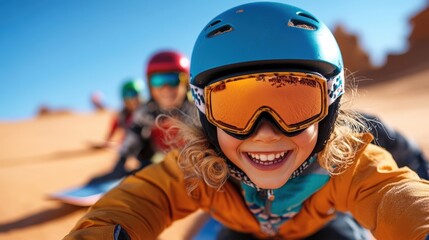 A cheerful child rides down a sandy dune on a sandboard, illustrating the joy of outdoor activities and the thrill of adventure in a sunny desert landscape.