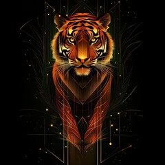 Majestic Geometric Tiger Illustration with Vibrant Colors and Intricate Patterns on a Dark Background