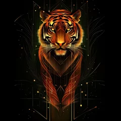 Majestic Geometric Tiger Illustration with Vibrant Colors and Intricate Patterns on a Dark Background © Songsak