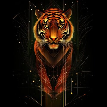 Majestic Geometric Tiger Illustration with Vibrant Colors and Intricate Patterns on a Dark Background