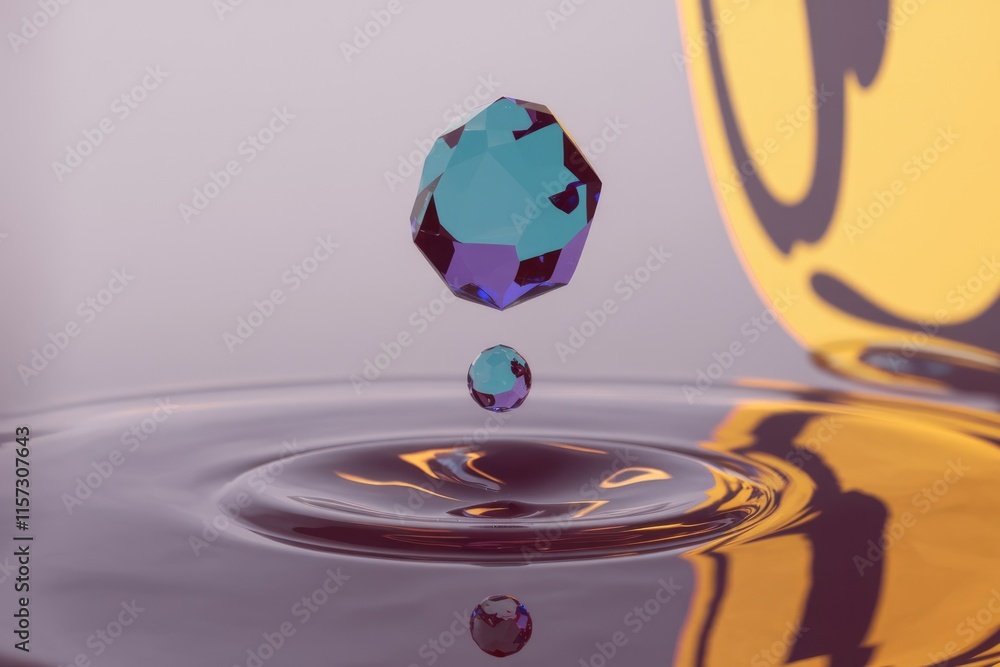 Poster a multifaceted gem falls into a dark liquid, creating concentric ripples, reflecting a blurred yello