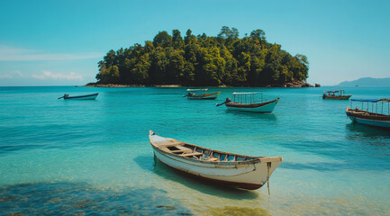 Naklejka premium Cute, small wooden boats floating in the sea