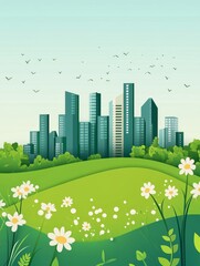 Urban Landscape With Skyscrapers in the Background Surrounded by Green Grass and Flowers Under a Clear Sky Filled With Birds During Daytime