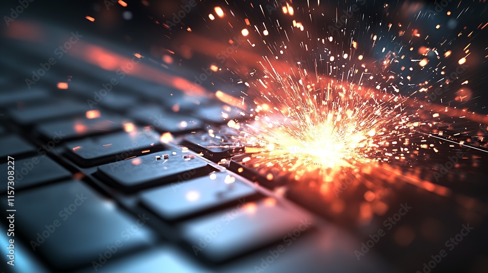 Fototapete Illuminated Keyboard with Spark Impact Representing Futuristic Digital Explosion : Generative AI