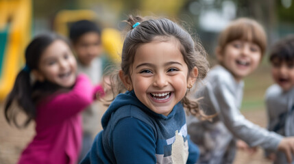 Fototapeta premium Children enjoying a sunny day in a colorful playground, smiles everywhere.