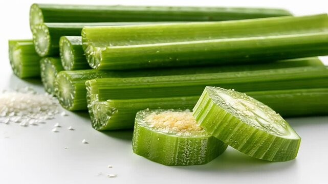 Celery Sticks Fresh green celery sticks their crisp texture visible as they lean together bringing a slight saltiness and crunch to the mix.