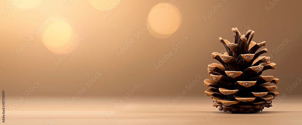 Poster single pine cone on beige background with bokeh.