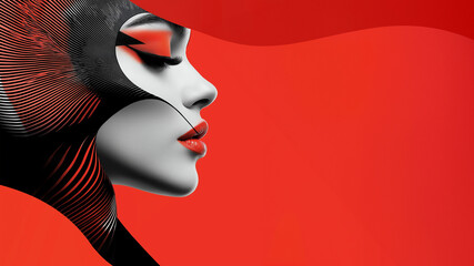 Ausdrucksstarkes Frauenauge mit kreativem Makeup, geschmückt durch geometrische Elemente. Beauty-Portrait vereint Mode und moderne Kunst