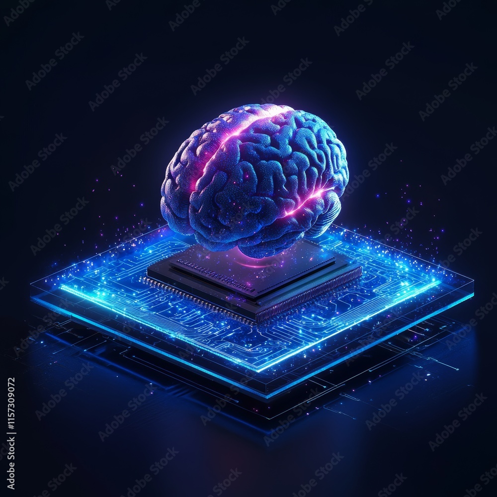Poster digital brain integrated with a microchip glowing on a futuristic platform, showcasing advanced tech