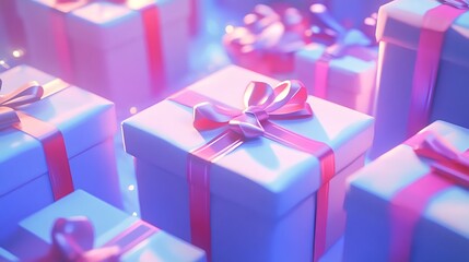 Stacked pastel gift boxes with vibrant ribbons under glowing, soft light creating a festive ambiance.