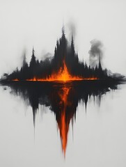 Burning island landscape, surreal art.