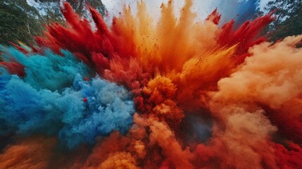 Colorful Explosion of Powder During a Celebration in Nature With Vibrant Hues Filling the Air and Creating a Breathtaking Spectacle