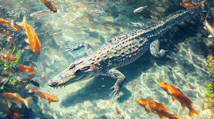 crocodile swims gracefully in clear river surrounded by vibrant orange fish, creating striking underwater scene with natural light and aquatic plants
