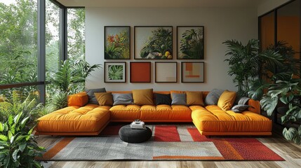 A bright, cozy living room featuring a vibrant orange sofa, decorative cushions, and green plants creating a warm atmosphere.
