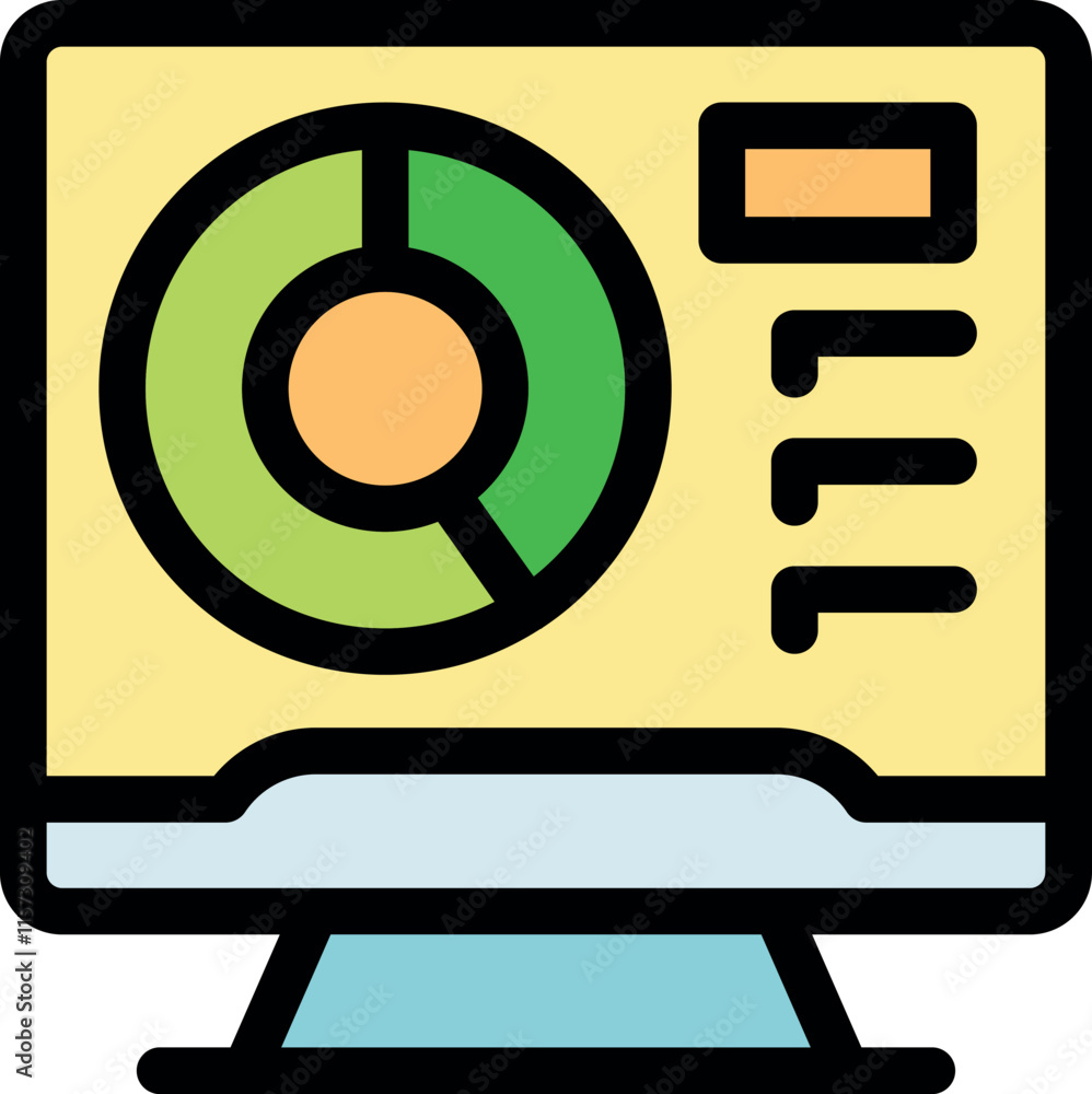 Poster monitor showing a pie chart representing data analysis with additional information and controls, ide